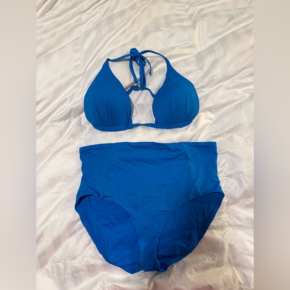 SPANX Blue Halter Bikini Set with High-Waisted Bottoms